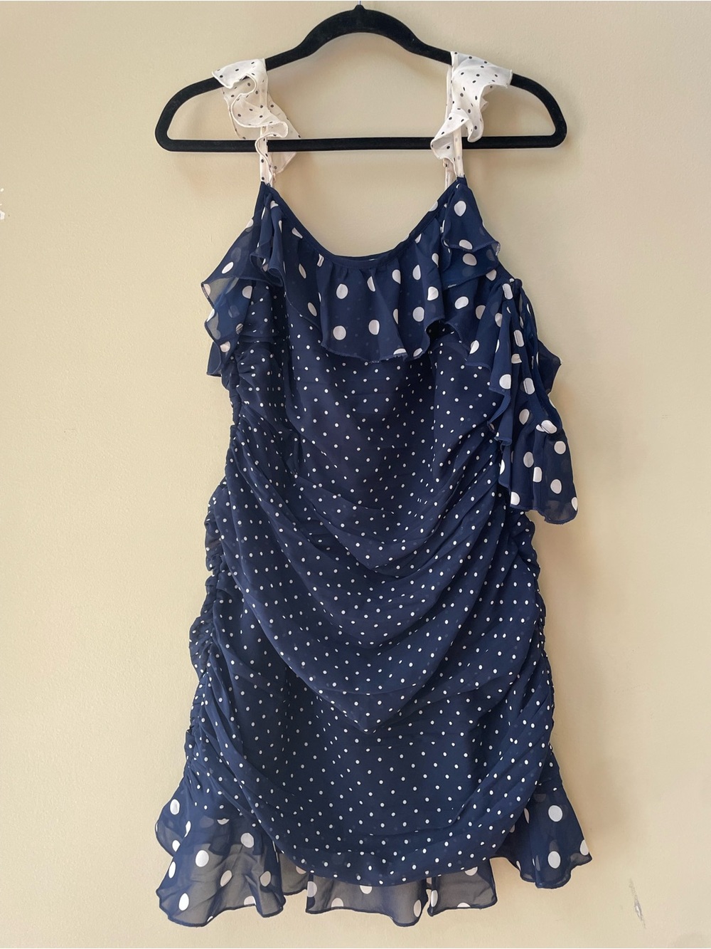 Navy Polka Dot Ruffle Dress with White Strap Detail